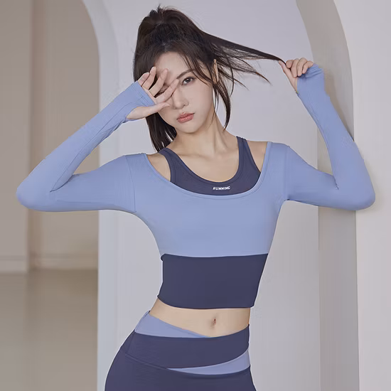 New Women&prime;s Running Fitness Fake Two Pieces Yoga Clothes Sports Tops