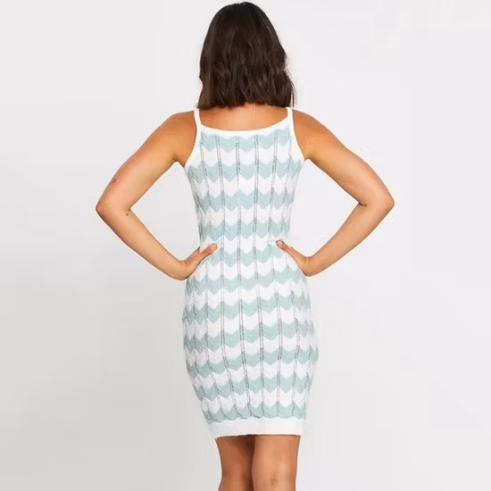 Mulheres Pastel Stretchy Spaghetti Strap Short Striped Rib Nylon Spandex Padrão Malha Malha Cami Vestido Sem Costura
